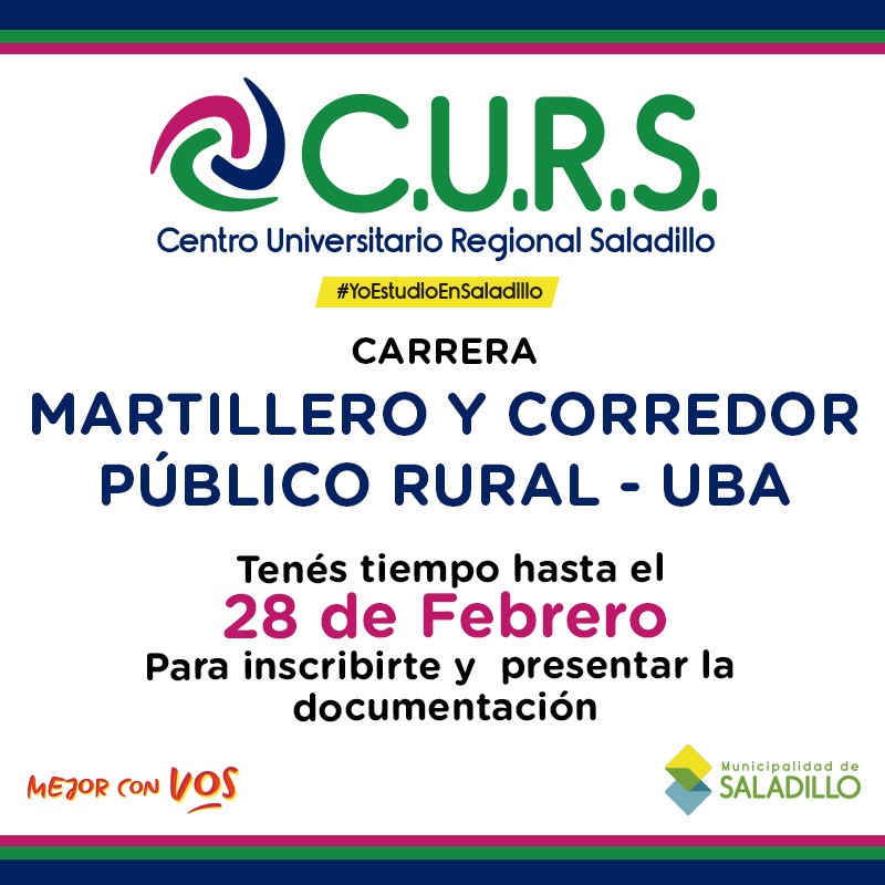 C.U.R.S. inscripción para la carrera Martillero y Corredor Público Rural hasta el 28 de febrero.-