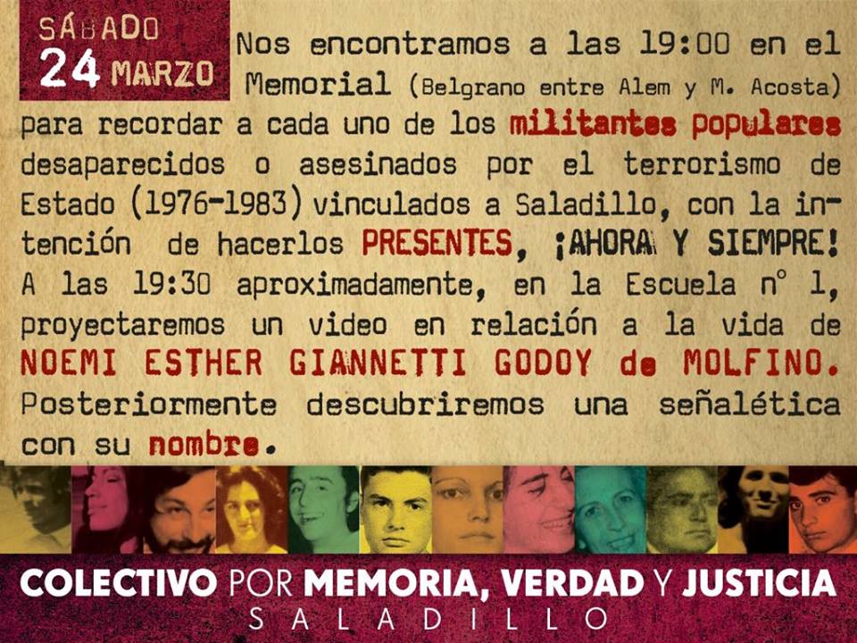 24 de Marzo –  Colectivo por Memoria, Verdad y Justicia Saladillo.-