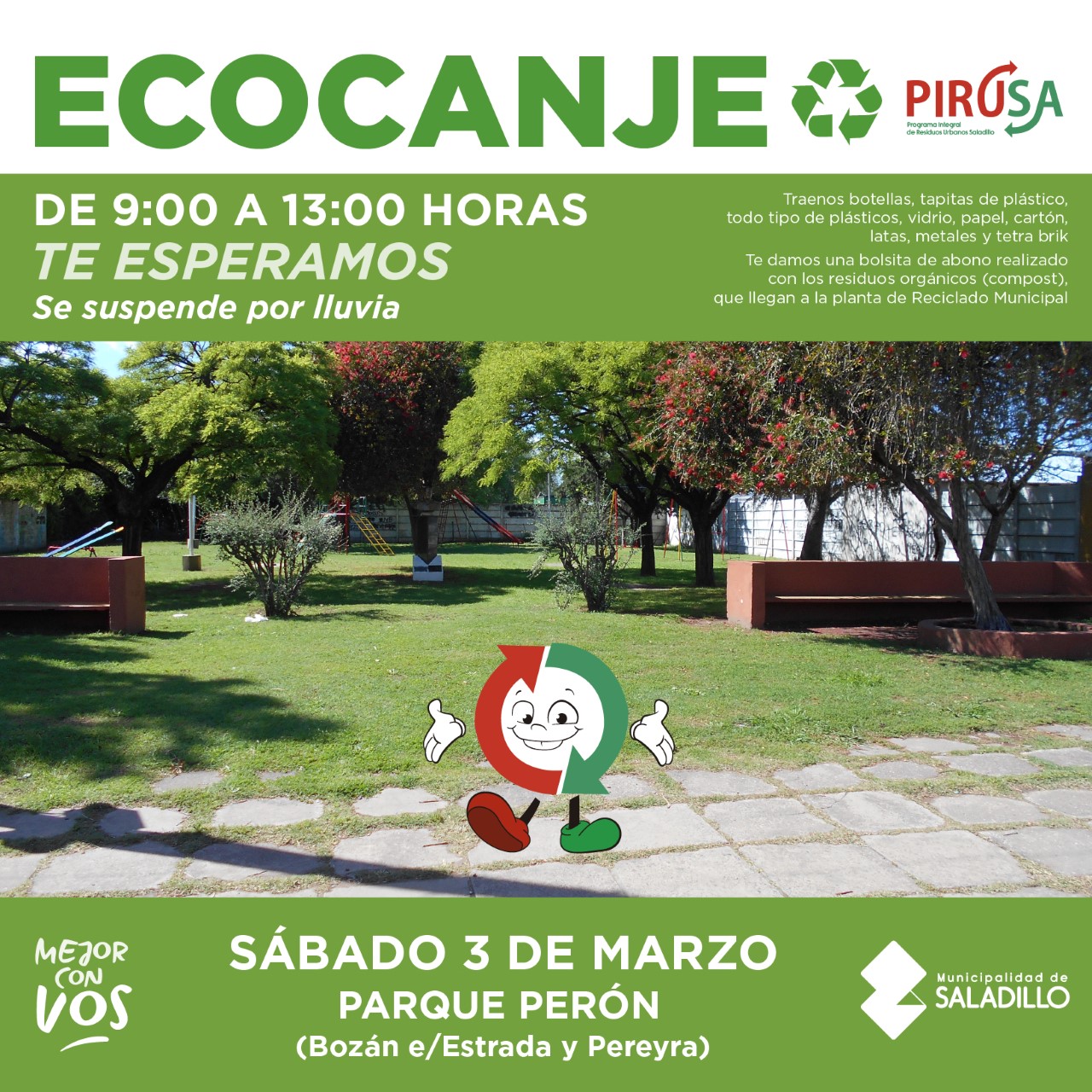 3 de marzo. ECOCANJE en Parque Perón.-