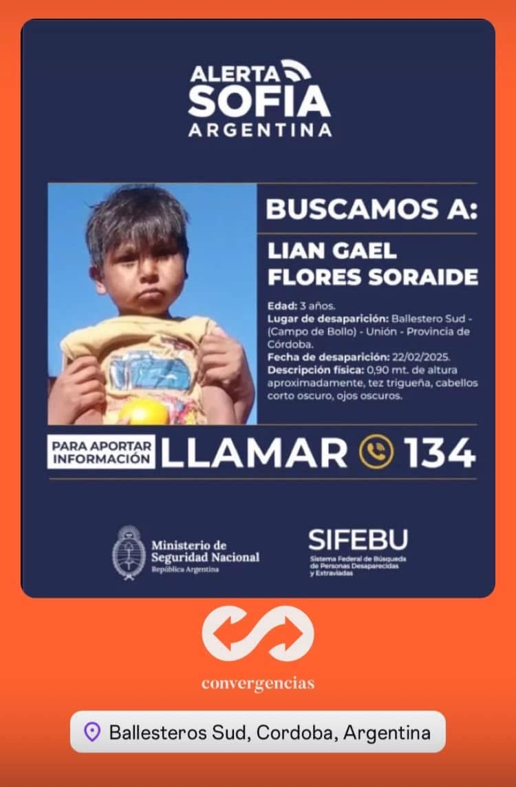 Activan Alerta Sofía por Liam Gael Flores Soraire, el niño desaparecido en Córdoba.