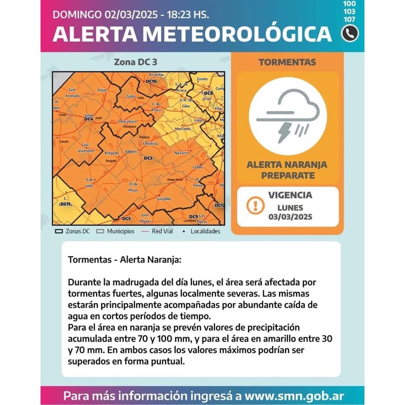 Provincia de Buenos Aires | Alerta Naranja por tormentas fuertes.-