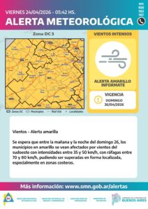 Defensa Civil Saladillo | Alerta amarilla por vientos para este domingo 26/4.-