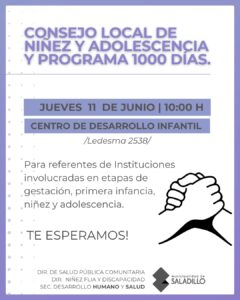 Convocan a un nuevo encuentro del Consejo Local de Niñez y Adolescencia y del Programa 1000 Días.-