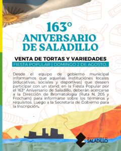 Convocan a instituciones de Saladillo a participar de la Fiesta Popular por el 163° aniversario de la ciudad.-