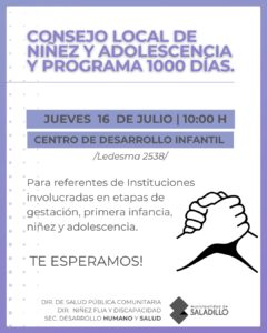 Convocan a una nueva reunión del Consejo Local de Niñez y Adolescencia y del Programa 1000 Días.-