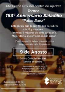 Se realizará el Torneo de Ajedrez "163° Aniversario de Saladillo Pablo Báez".-