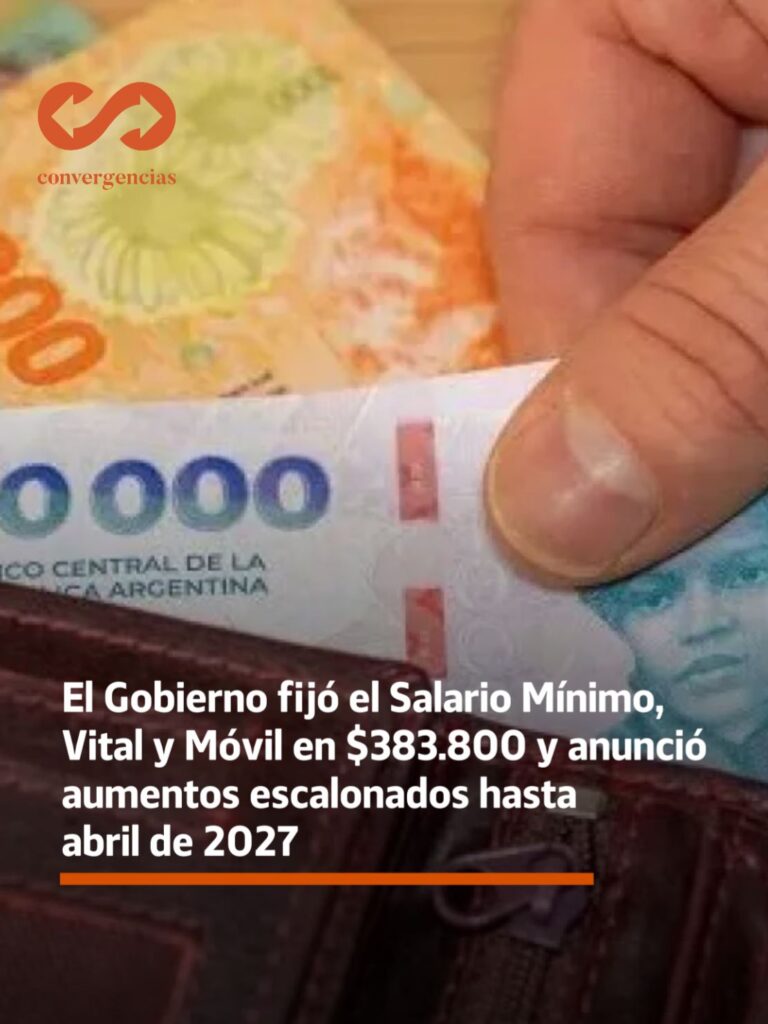 El Gobierno nacional oficializó el nuevo Salario Mínimo, Vital y Móvil (SMVM), que desde el 1° de septiembre de 2026 será de $383.800.-