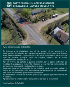 Corte parcial en acceso Kirchner de saladillo - Altura escuela n°5.-