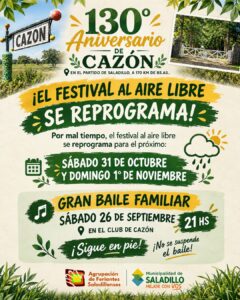 Saladillo | se reprograma el festejo del 130 aniversario de Cazón.-
