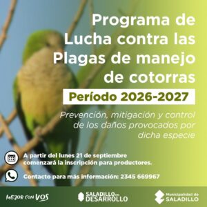 Saladillo | Abren la inscripción para productores en el Programa de Lucha contra las Plagas de Cotorras