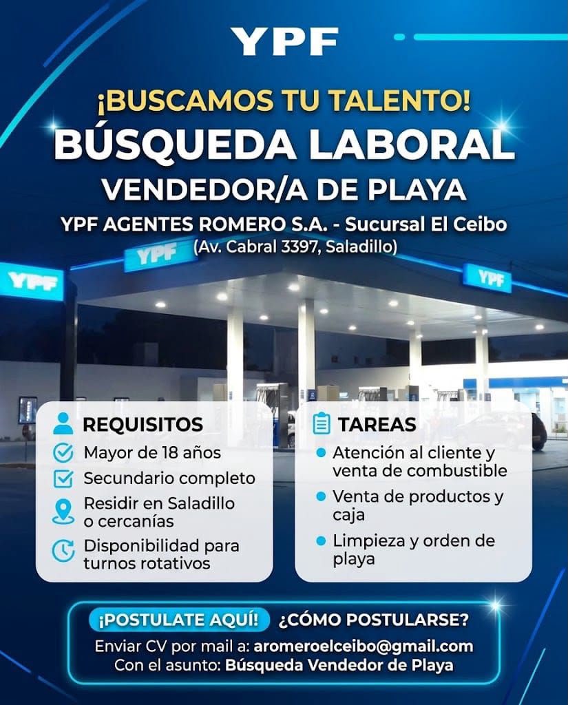 Saladillo | YPF Agentes Romero S.A. busca personal para cubrir un puesto de vendedor/a de playa.-